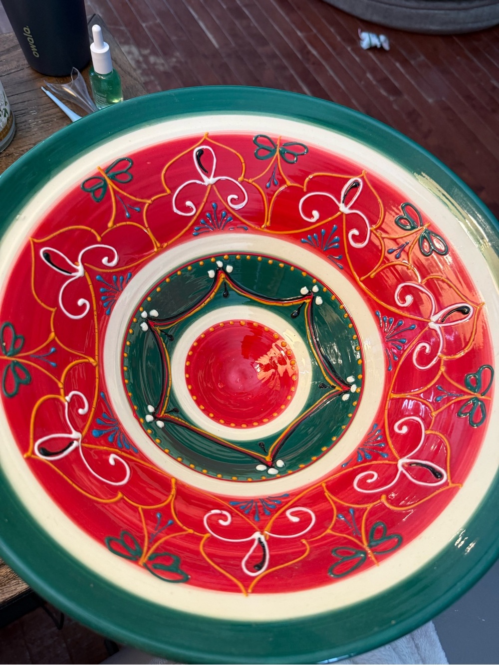 Hand-Painted Decorative Ceramic Bowl in Red & Green from Spain